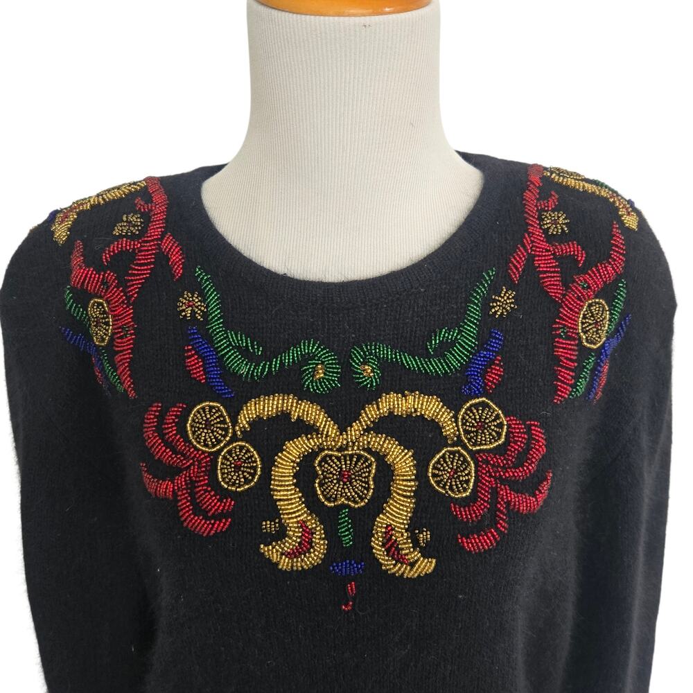 Vintage Festive Holiday Sweater Silk Angora Black Beaded 80s Winter Women Large